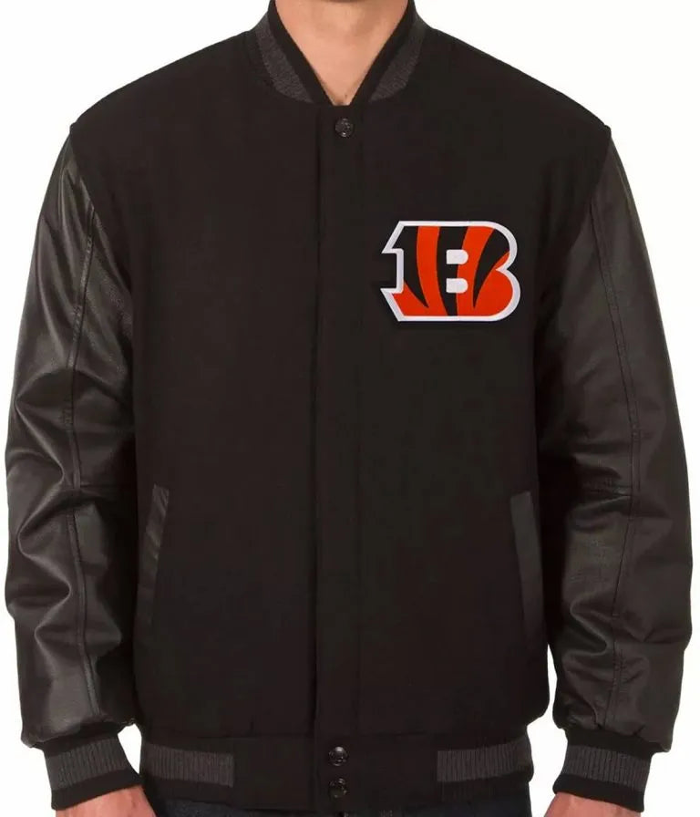 Cincinnati Bengals Black Wool & Genuine Leather Sleeves Men's Varsity Jacket