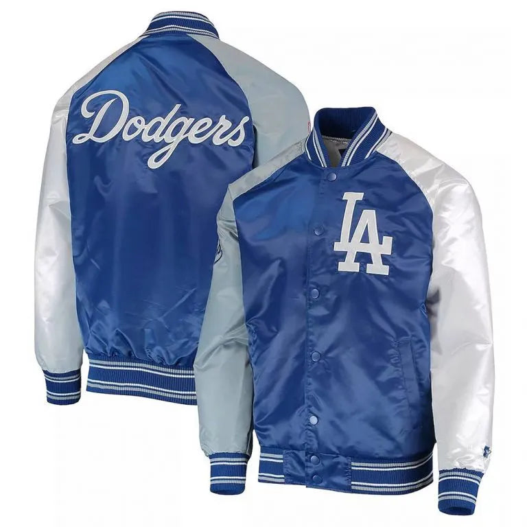 LA Dodgers Reliever Royal Blue, Gray and White Satin Varsity Men's Jacket
