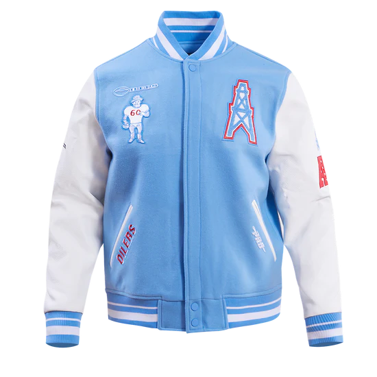Houston Oilers Sky Blue Wool and White Genuine Leather Sleeves Men's Varsity Letterman Jacket
