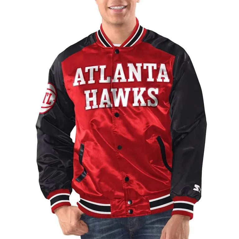 Atlanta Hawks Renegade Full-Snap Varsity Red and Black Satin Men's Bomber Jacket