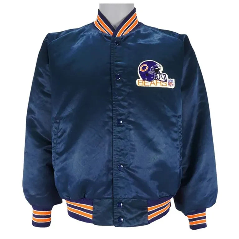 1990’s Chicago Bears Full-Snap Varsity Navy Blue Satin Men's Bomber Jacket