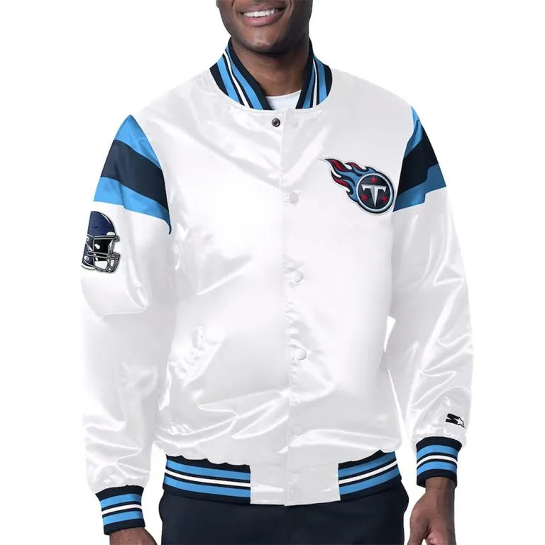 Tennessee Titans Midweight Full-Snap Varsity White Satin Men's Bomber Jacket
