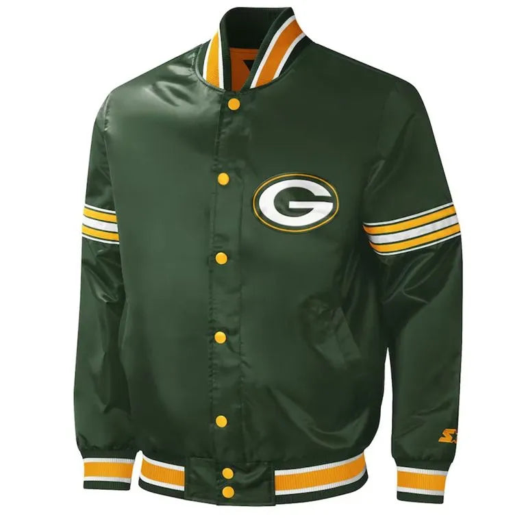 Green Bay Packers Midfield Full-Snap Varsity Green Satin Men's Bomber Jacket