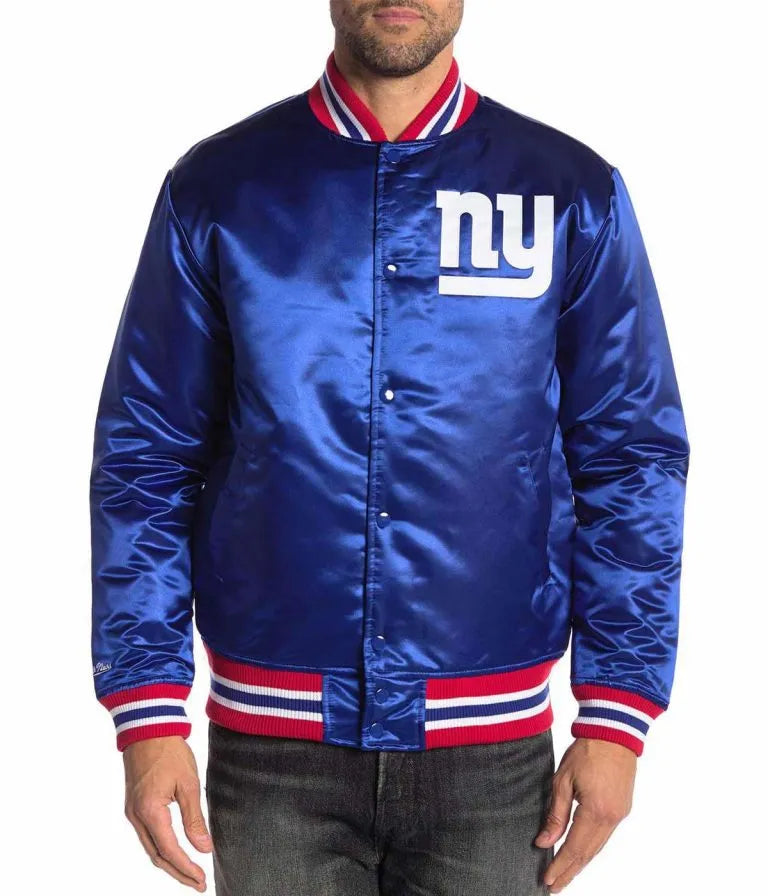 New York Giants Full-Snap Varsity Royal Blue Satin Men's Bomber Jacket