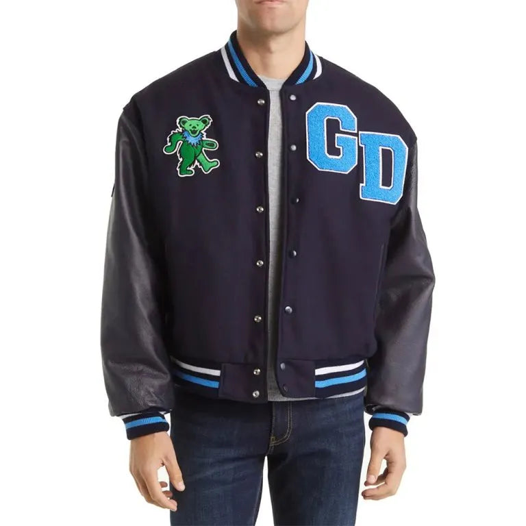 Grateful Dead High Navy Blue Wool & Genuine Leather Sleeves Men's Letterman Varsity Jacket