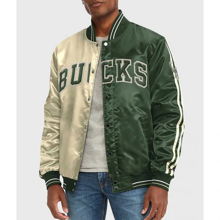 Milwaukee Bucks Full-Snap Varsity Off White and Green Satin Men's Bomber Jacket