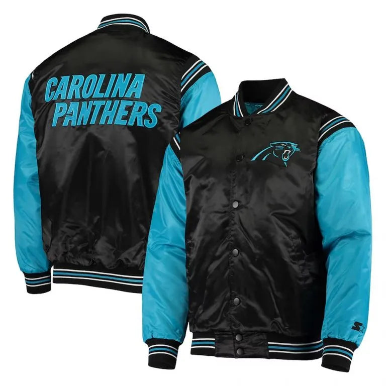 Carolina Panthers Enforcer Full-Snap Varsity Black/Blue Satin Men's Bomber Jacket