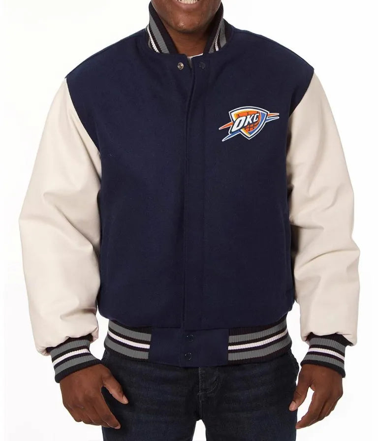 Oklahoma City Thunder Varsity Blue Wool & White Genuine Leather Sleeves Men's Letterman Jacket