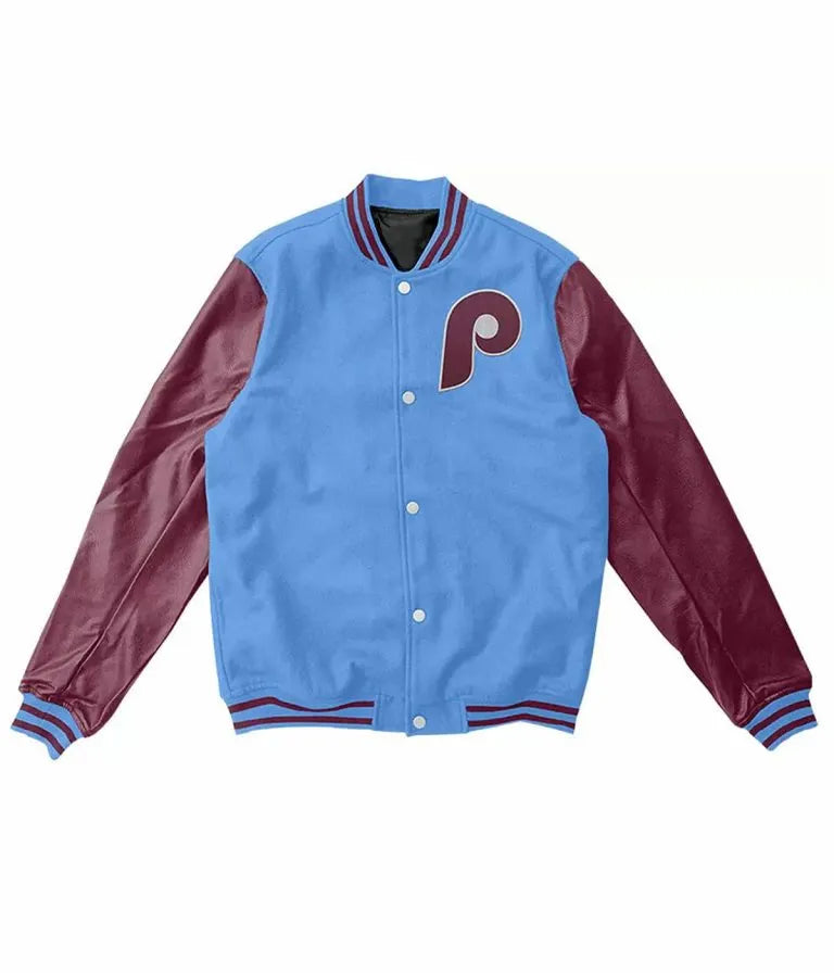 Philadelphia Phillies Blue Wool and Maroon Leather Sleeves Varsity Men's Jacket