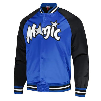 Orlando Magic Double Clutch Full-Snap Varsity Black and Blue Satin Men's Bomber Jacket