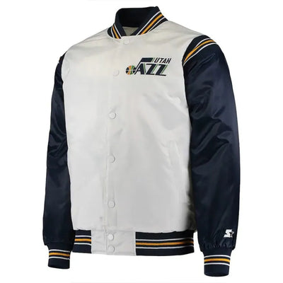 Utah Jazz Renegade Full-Snap Varsity White & Navy Blue Satin Men's Bomber Jacket
