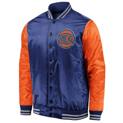 New York Knicks Iconic Tackle Full-Snap Varsity Blue/Orange Satin Men's Bomber Jacket