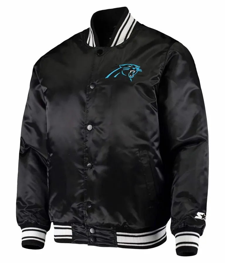 Carolina Panthers Locker Room Full-Snap Varsity Black Satin Men's Bomber Jacket
