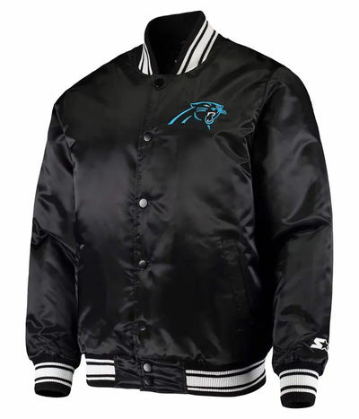 Carolina Panthers Locker Room Full-Snap Varsity Black Satin Men's Bomber Jacket