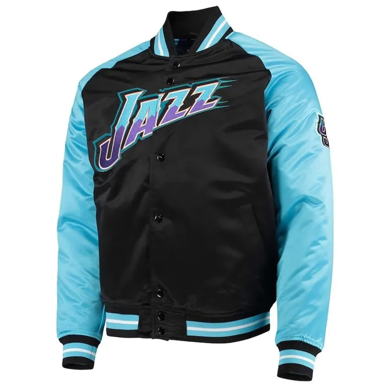 Utah Jazz Hardwood Classics Reload 3.0  Full-Snap Varsity Black/Light Blue Satin Men's Bomber Jacket