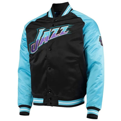 Utah Jazz Hardwood Classics Reload 3.0  Full-Snap Varsity Black/Light Blue Satin Men's Bomber Jacket