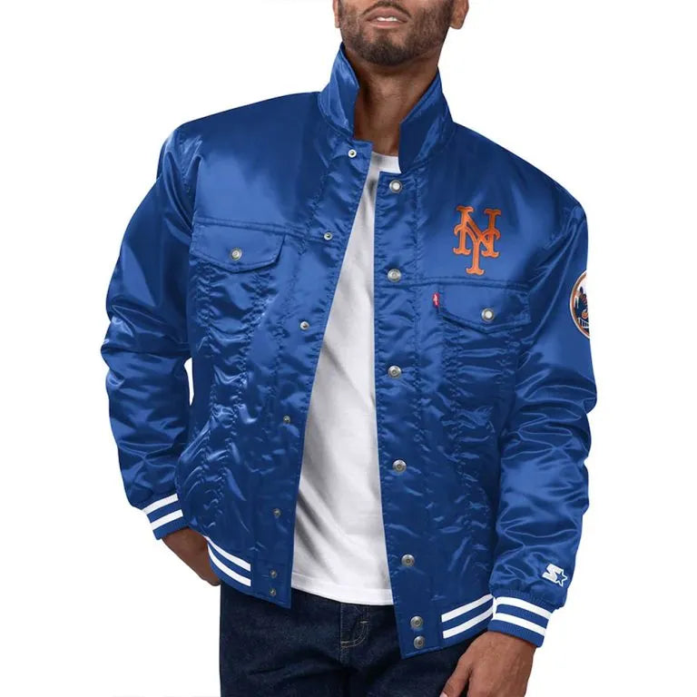 New York Mets Silver Tab Full-Snap Trucker Royal Blue Satin Men's Jacket