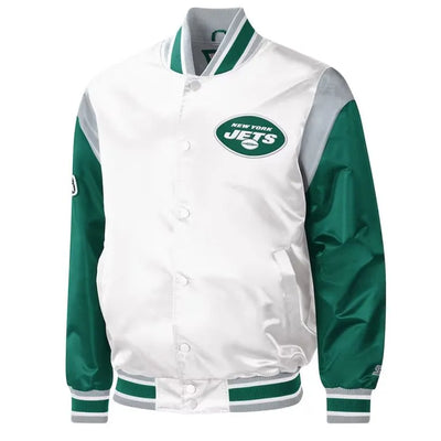 New York Jets Throwback Warm Up Pitch Full-Snap Varsity Green and White Satin Men's Bomber Jacket