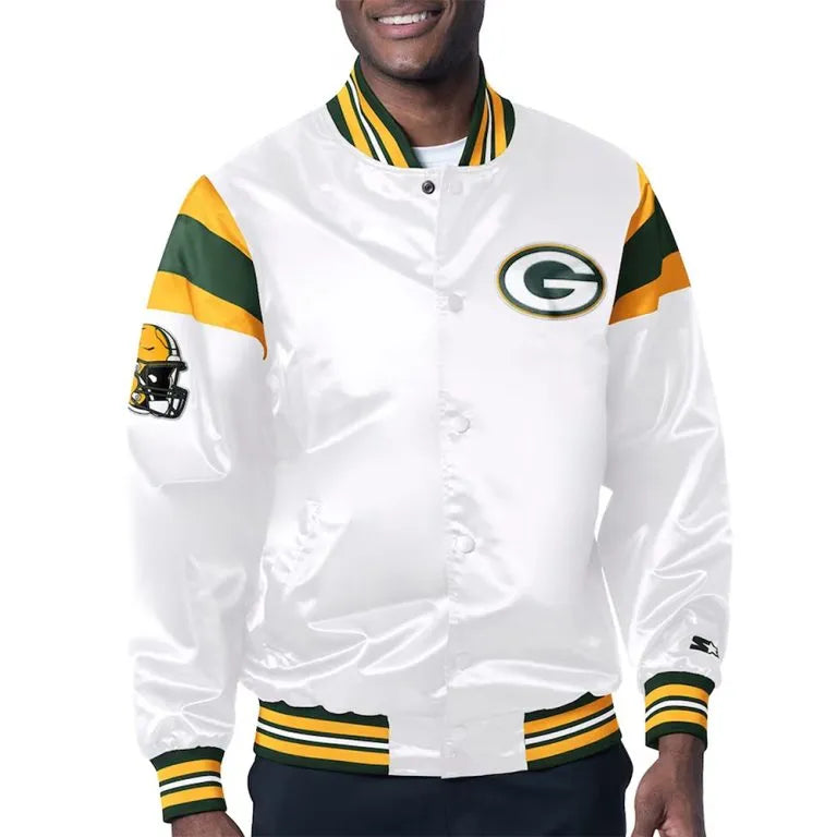 Green Bay Packers Midweight Full-Snap Varsity White Satin Men's Bomber Jacket