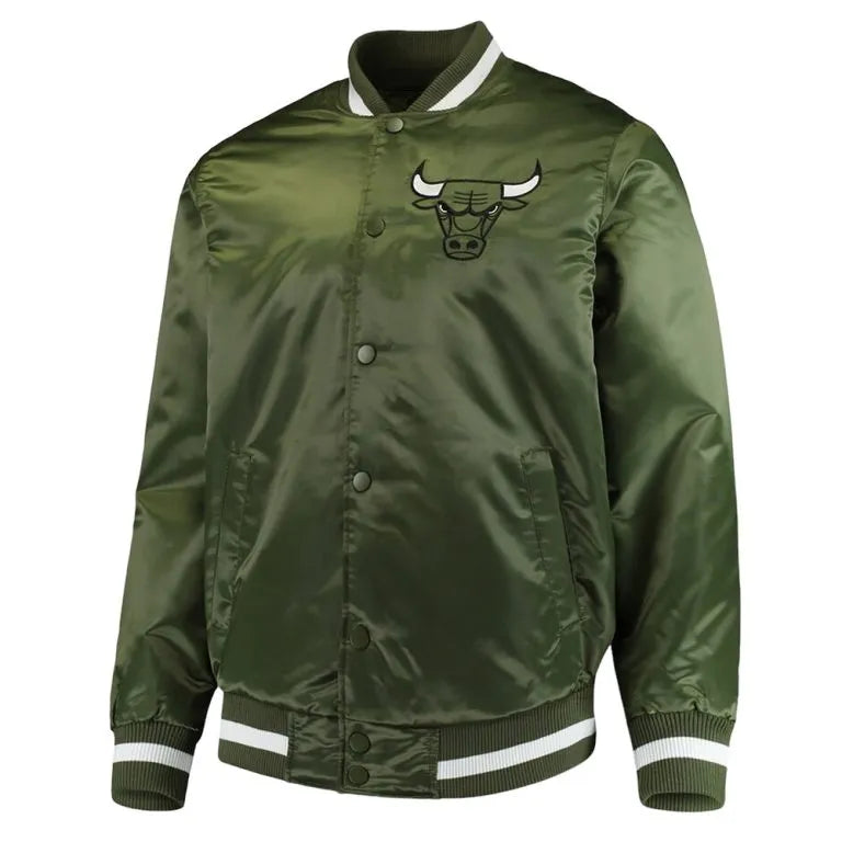 Chicago Bulls Forest Full-Snap Varsity Green Satin Men's Bomber Jacket