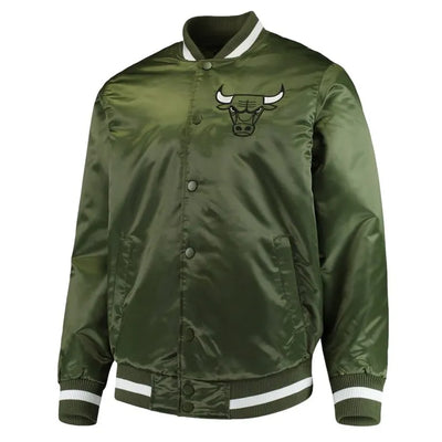 Chicago Bulls Forest Full-Snap Varsity Green Satin Men's Bomber Jacket