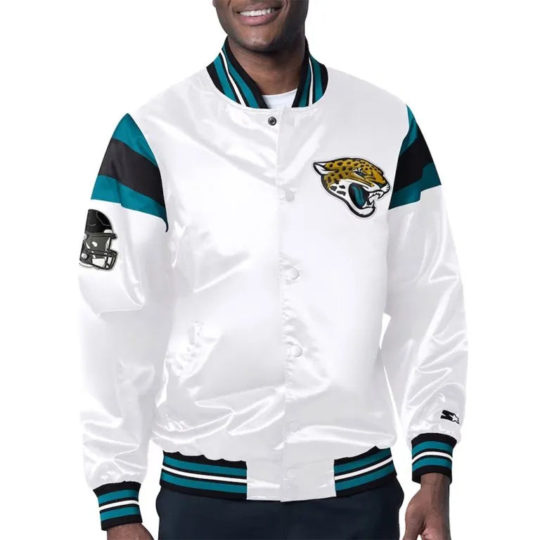 Jacksonville Jaguars Midweight Full-Snap Varsity White Satin Men's Bomber Jacket