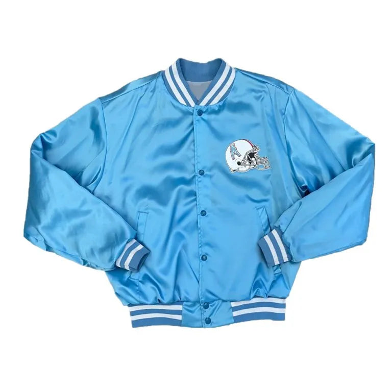 90’s Houston Oilers Full-Snap Varsity Light Blue Satin Men's Bomber Jacket