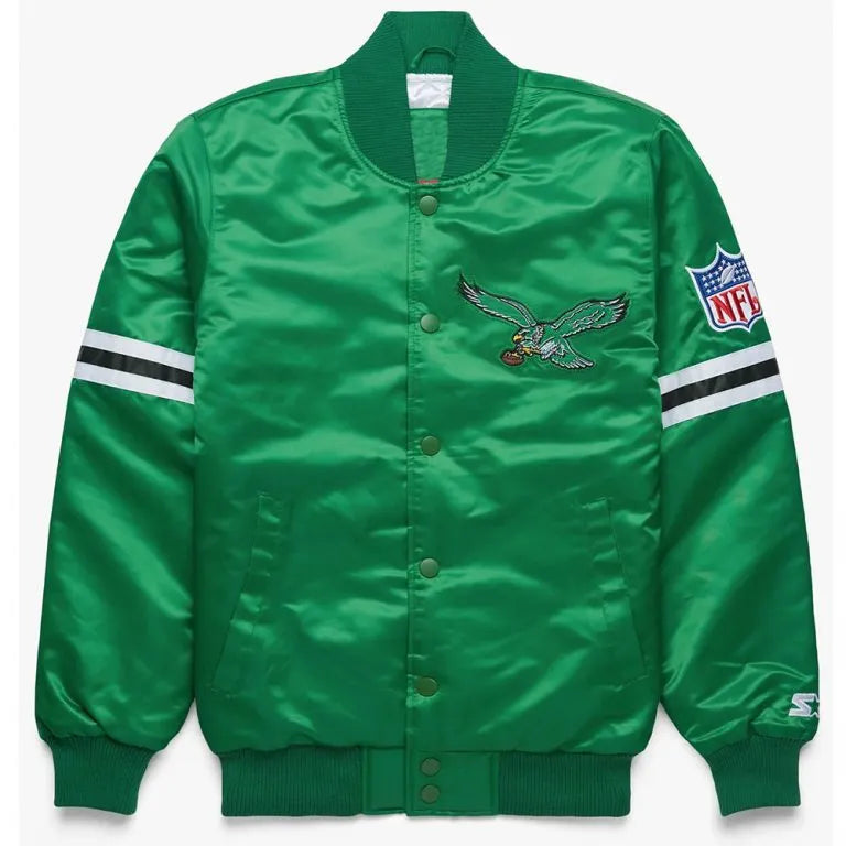 Philadelphia Eagles Striped Full-Snap Varsity Green Satin Men's Bomber Jacket