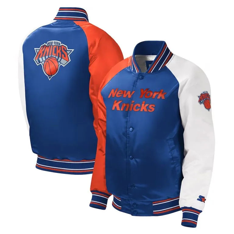 New York Knick Youth Full-Snap Varsity Tri-Color Satin Men's Bomber Jacket