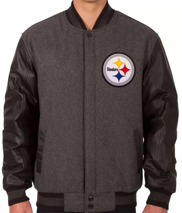 Pittsburgh Steelers Gray Wool & Black Genuine Leather Sleeves Men's Varsity Letterman Jacket