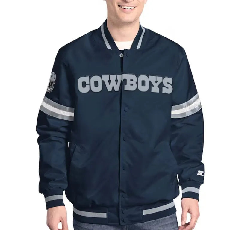Dallas Cowboys Scout Full-Snap Varsity Navy Blue Satin Men's Bomber Jacket