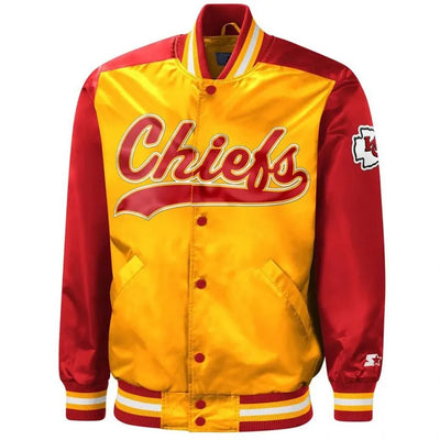 Kansas City Chiefs Tradition Full-Snap Varsity Red and Gold Satin Men's Bomber Jacket