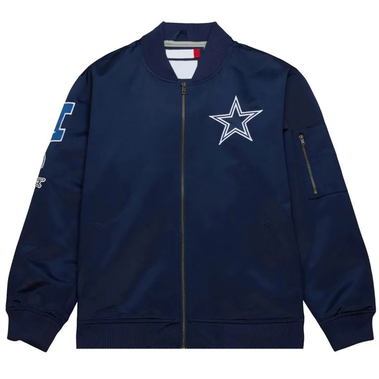 Dallas Cowboys Vintage Logo Full-Snap Varsity Navy Blue Satin Men's Bomber Jacket