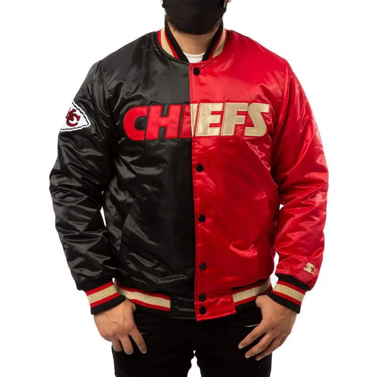 Kansas City Chiefs Full-Snap Varsity Red and Black Satin Men's Bomber Jacket