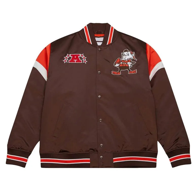 Cleveland Browns Heavyweight Full-Snap Varsity Brown Satin Men's Bomber Jacket