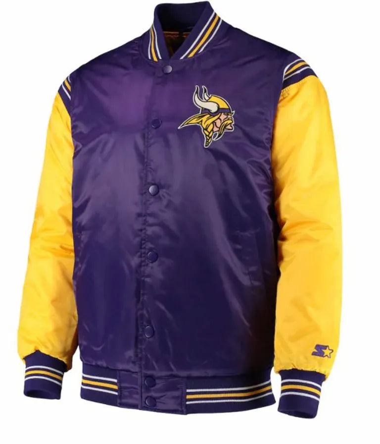 Minnesota Vikings Full-Snap Varsity Purple and Yellow Satin Men's Bomber Jacket
