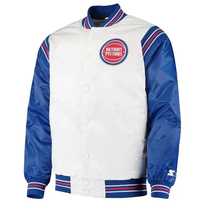 Detroit Pistons Renegade Full-Snap Varsity White/Blue Satin Men's Bomber Jacket