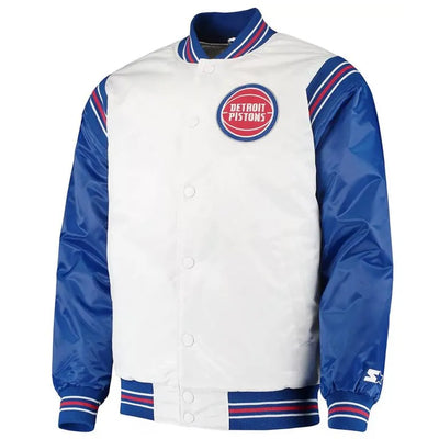 Detroit Pistons Renegade Full-Snap Varsity White/Blue Satin Men's Bomber Jacket