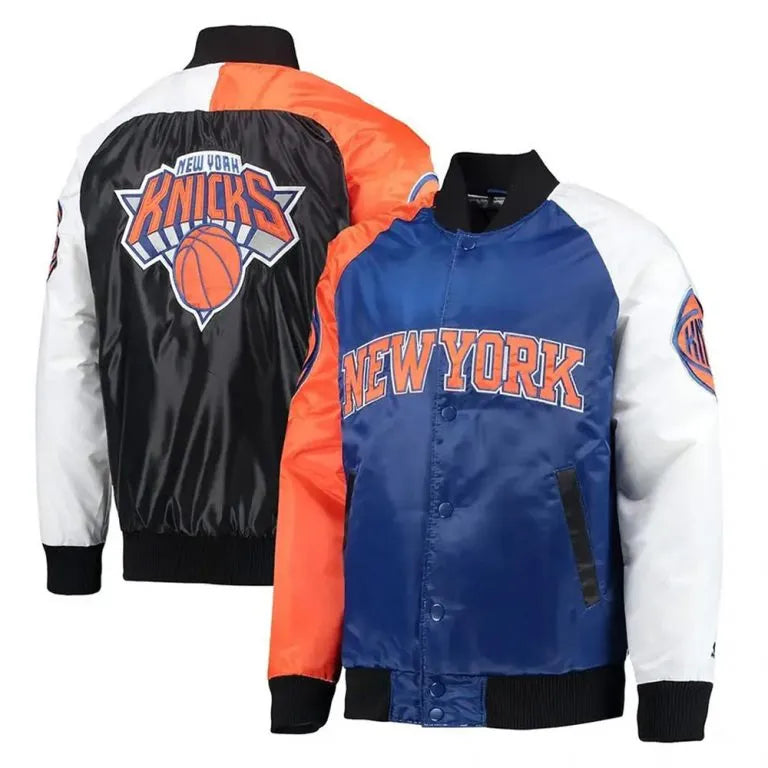 New York Knick Remix Full-Snap Varsity Multicolor Satin Men's Bomber Jacket