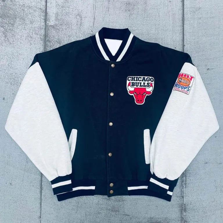 1990’s Chicago Bulls Navy Blue Wool & White Genuine Leather Sleeves Men's Varsity Letterman Jacket