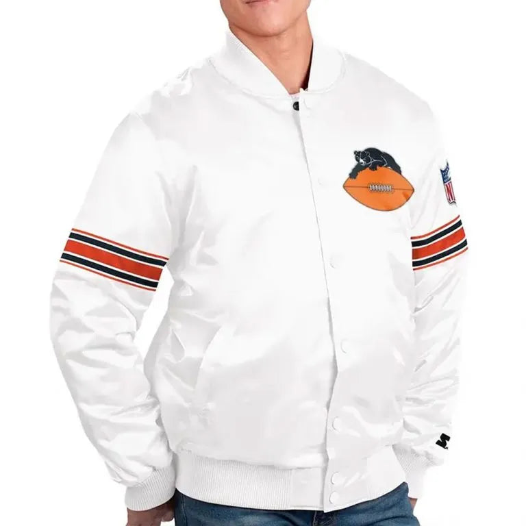 Chicago Bears The Power Forward Full-Snap Varsity White Satin Men's Bomber Jacket