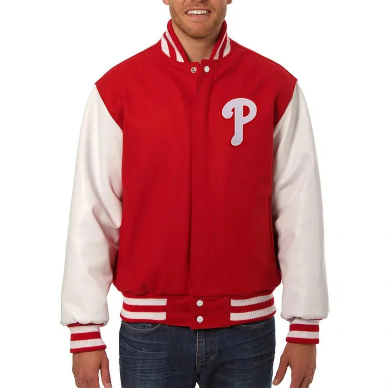 Philadelphia Phillies Red Wool and White Leather Sleeves Varsity Men's Jacket
