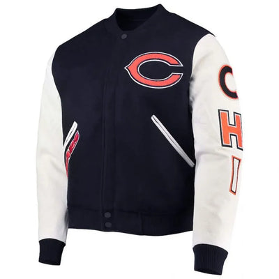 Chicago Bears Black Wool & White Genuine Leather Sleeves Full-Snap Men's Varsity Jacket