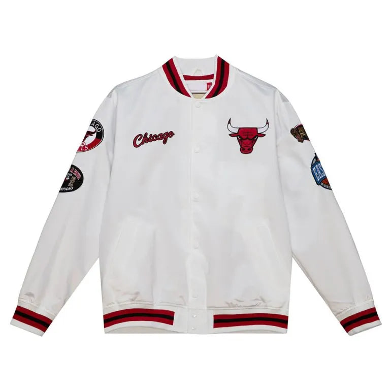 Chicago Bulls City Collection Full-Snap Varsity White Satin Men's Bomber Jacket