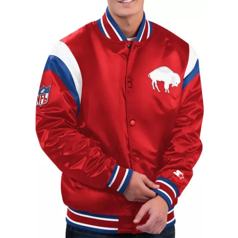 Buffalo Bills Shutout Throwback Full-Snap Varsity Red Satin Men's Bomber Jacket