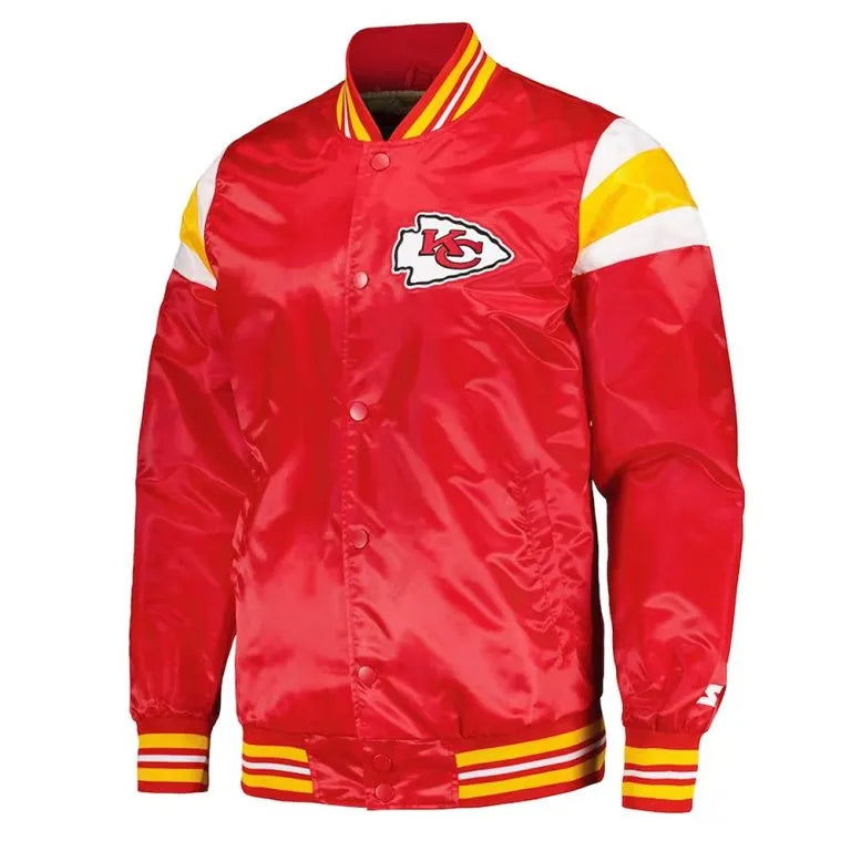 Kansas City Chiefs Full-Snap Varsity Red and Gold Satin Men's Bomber Jacket