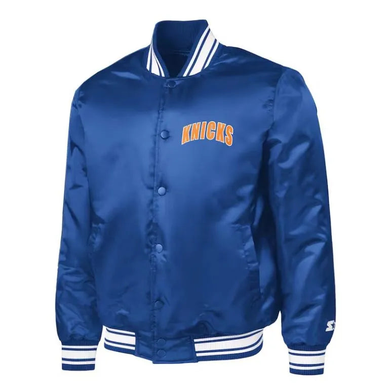 New York Knicks Logo Full-Snap Varsity Blue Satin Men's Bomber Jacket