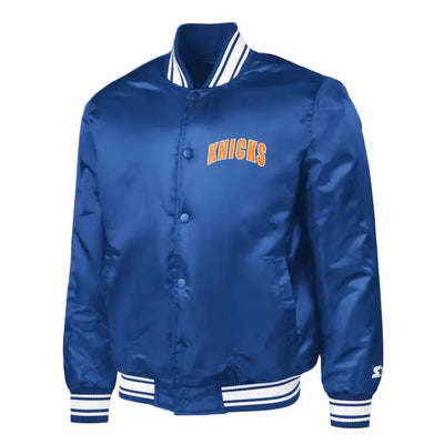 New York Knicks Logo Full-Snap Varsity Blue Satin Men's Bomber Jacket