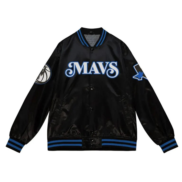 Dallas Mavericks 2023-24 City Edition Full-Snap Varsity Black Satin Men's Bomber Jacket