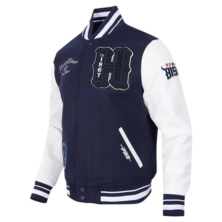 Howard Bison HBCU Navy Blue Wool & White Genuine Leather Sleeves Men's Letterman Varsity Jacket